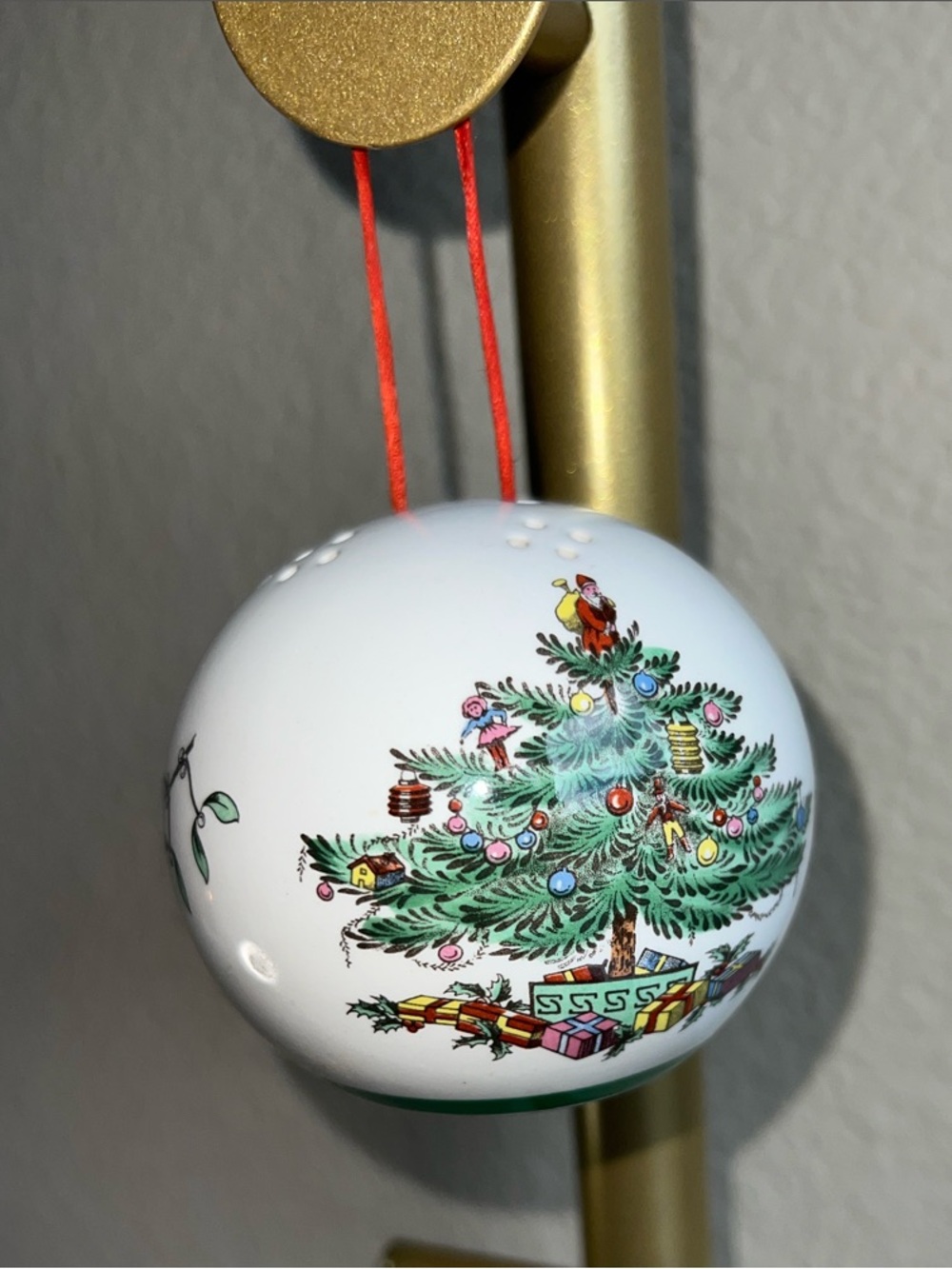 Spode White Porcelain Pomander Bauble with Green Christmas Tree and Red Ribbon